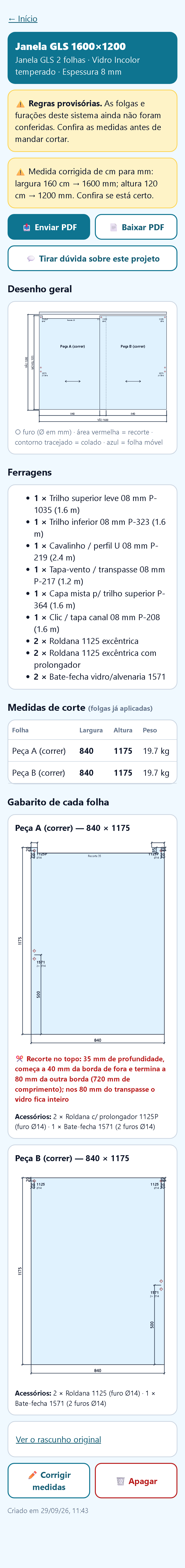Projeto gerado com medidas de corte, ferragens e desenho